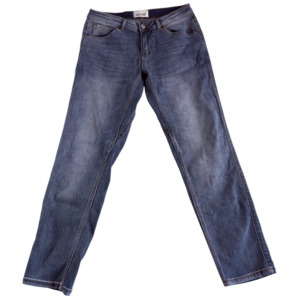 DU/ER Performance Jeans Womens 27x28 (30x26.5) Blue Denim Tapered Leg Motorcycle